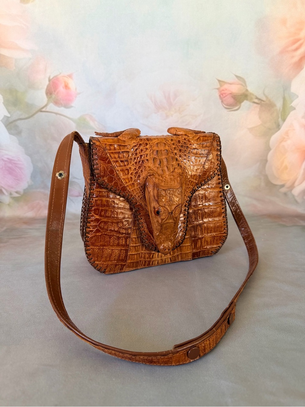 Vintage Crocodile-Embossed Crossbody Bag in Cognac Brown leather